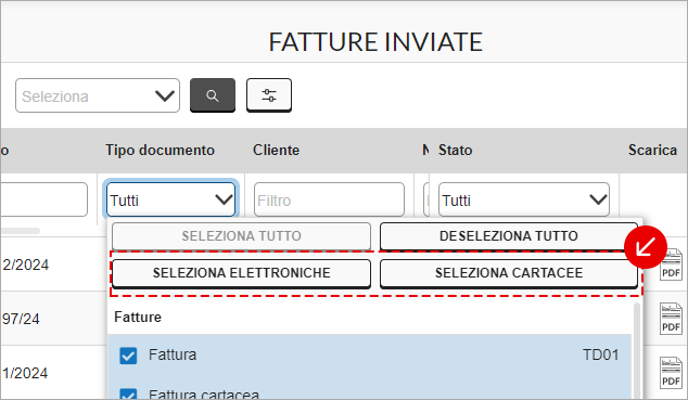 Selezione del tipo di documento nelle fatture inviate