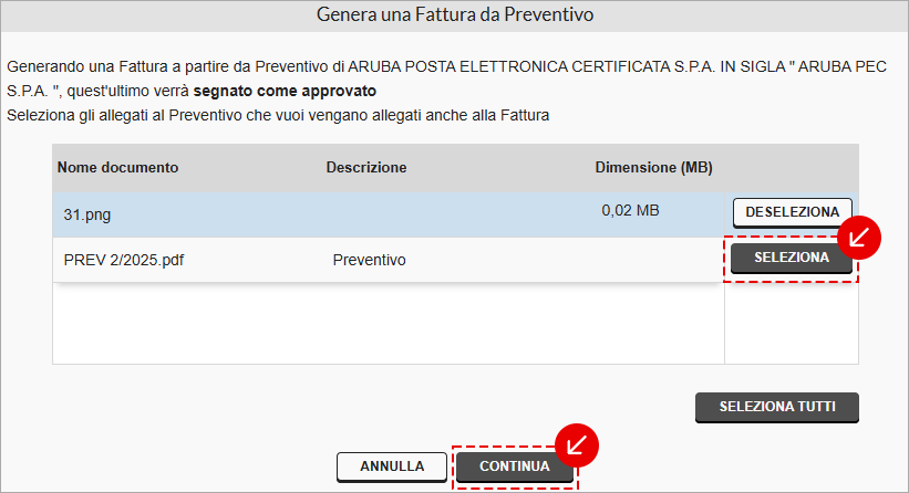 Selezione allegati del preventivo da includere nella fattura