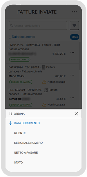 Schermata dell’app con opzioni di ordinamento delle fatture inviate