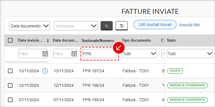 Filtro per numero o sezionale nella lista delle fatture inviate