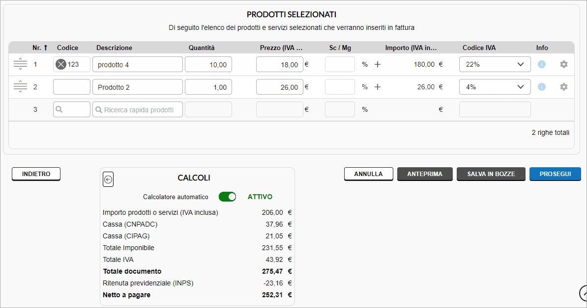 Riepilogo prodotti e calcoli documento