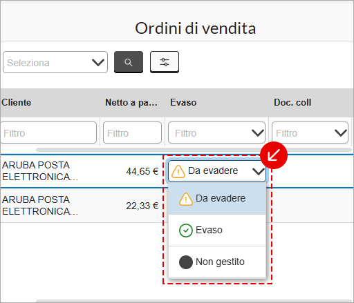 Menu stato ordine di vendita con opzioni Da evadere, Evaso e Non gestito
