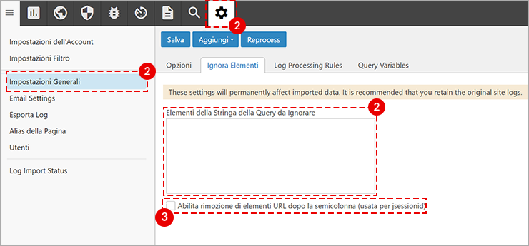 SmarterStats: Impostazioni Generali > Ignora Elementi; icona Impostazioni evidenziata, campo Query da ignorare e opzione rimozione URL
