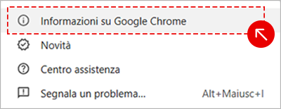 Menu di Google Chrome con voce Informazioni su Google Chrome per visualizzare i dettagli del browser