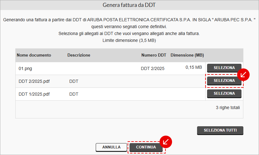 Selezione degli allegati dei DDT da includere nella fattura