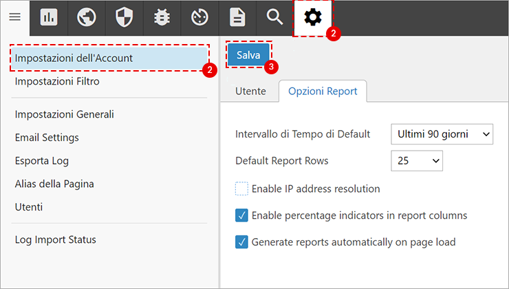 SmarterStats: Impostazioni dell’Account con icona Impostazioni evidenziata; scheda Opzioni Report e pulsante Salva