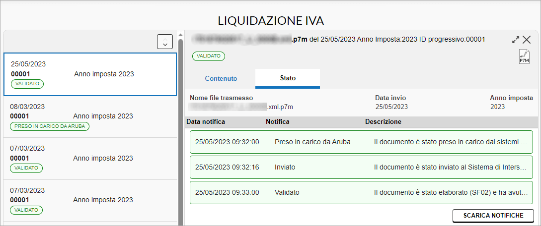 Selezione di Liquidazione IVA inviate con azione scarica notifiche