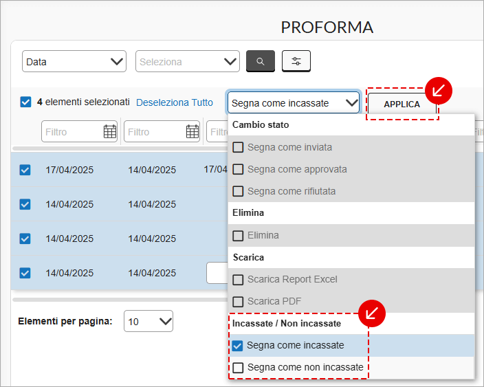 Menu azioni Proforma con opzioni e pulsante Applica