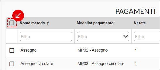 Checkbox selezione tutti nella lista Pagamenti