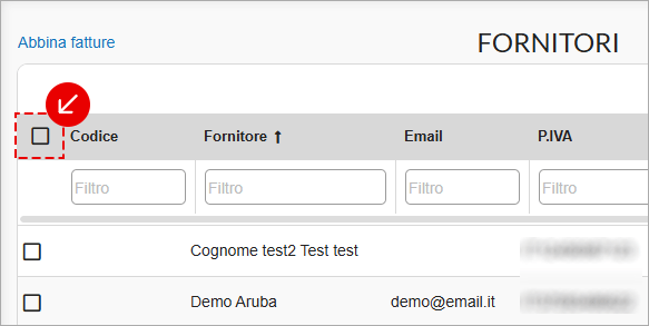 Checkbox selezione tutti nella lista Fornitori