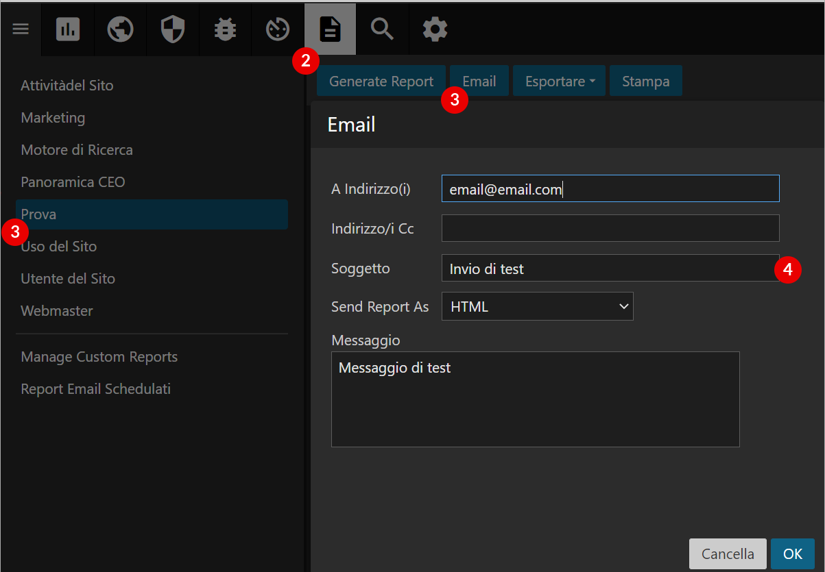 Dialog Email per inviare report: A indirizzo, Cc, Soggetto “Invio di test”, formato HTML, Messaggio; OK o Cancella.