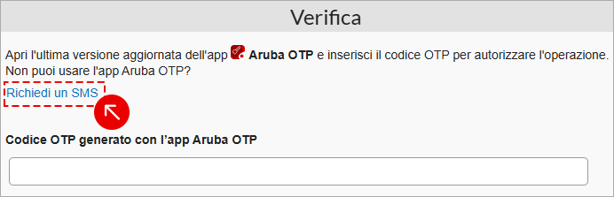Finestra Verifica con richiesta SMS e inserimento codice OTP Aruba OTP
