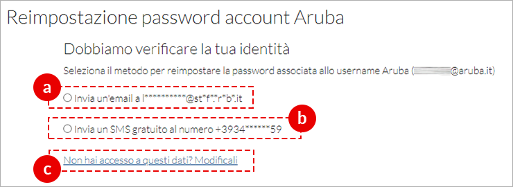 Schermata di selezione metodo per creazione nuova password account Aruba