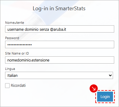 Schermata Log-in SmarterStats con campi Nome utente, Password, Site Name e Lingua; pulsante Login evidenziato