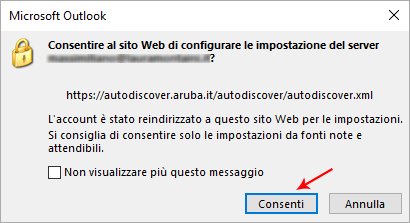 Finestra di Outlook che chiede di consentire la configurazione automatica del server tramite autodiscover.aruba.it