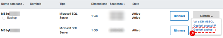 Elenco DB MSSQL: stato Attivo, pulsante Rinnova; menu Gestisci aperto con voci Vai al DB, Accessi IP, Backup.