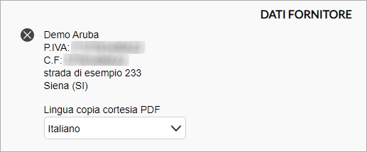 Sezione Dati fornitore con selezione della lingua per la copia cortesia PDF