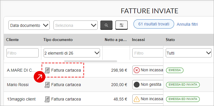 Elenco delle fatture inviate con indicazione di fattura cartacea