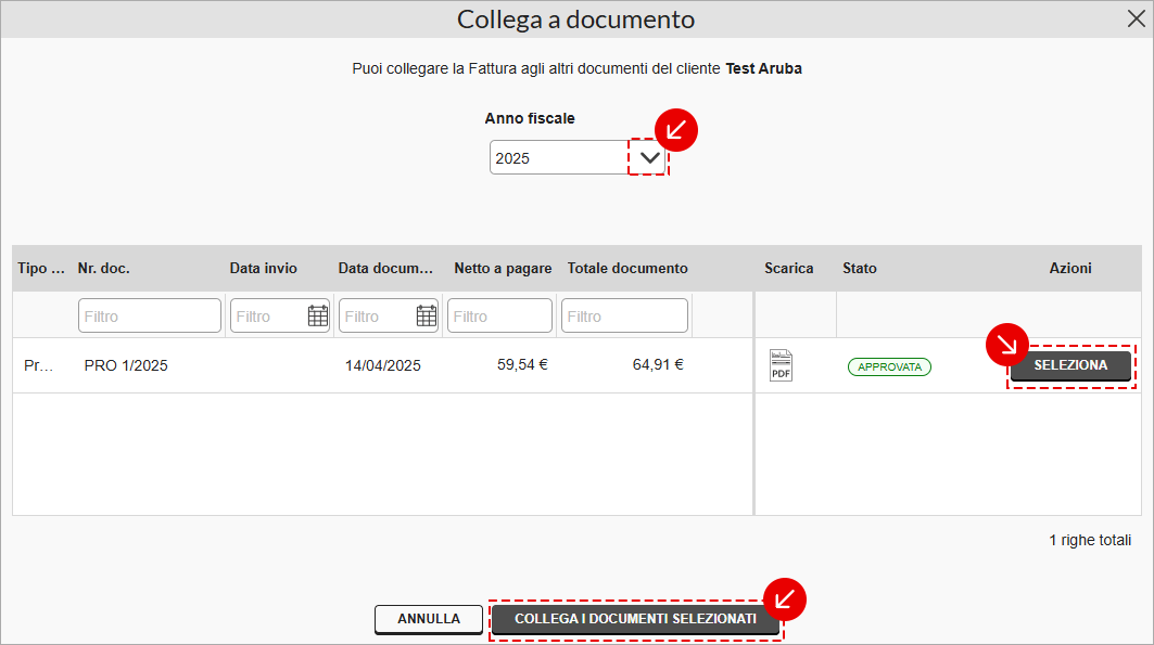 Finestra per collegare una fattura ad altri documenti con selezione dell’anno fiscale