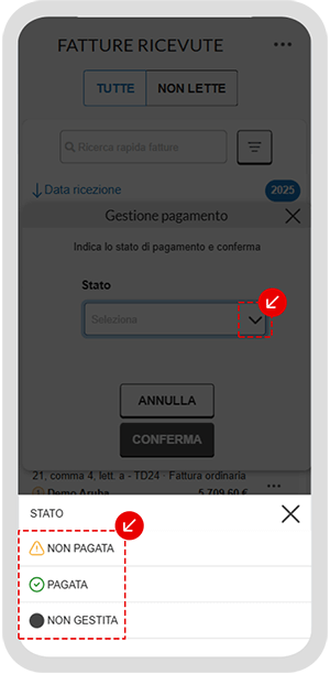 Schermata dell’app per la gestione dello stato di pagamento delle fatture ricevute