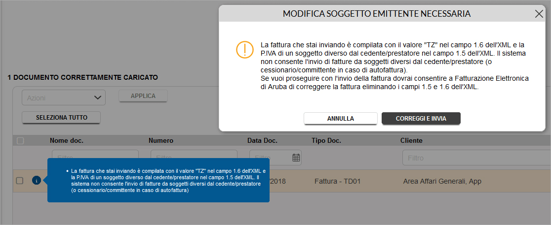 Messaggio che richiede la modifica del soggetto emittente prima dell’invio della fattura