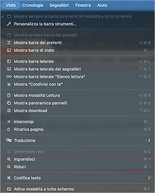 Menu Vista di Safari con opzioni Ingrandisci e Riduci per modificare lo zoom della pagina