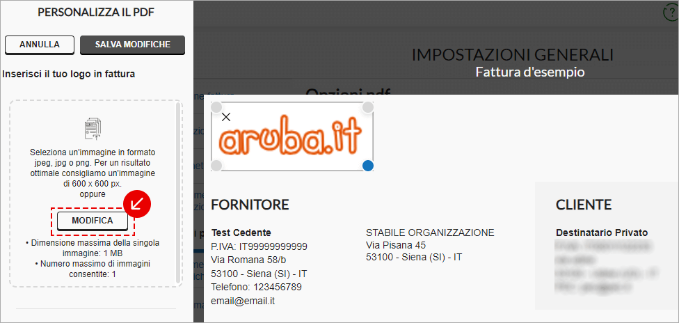 Sezione per caricare o modificare il logo nel PDF con pulsante Modifica