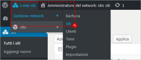 WordPress multisito: apri I miei siti > Gestione network > Siti.