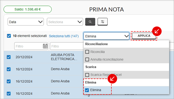 Menu azioni Prima nota con Elimina e Applica