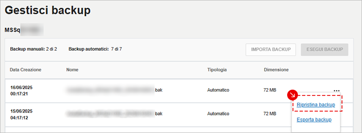 Gestisci backup MSSQL: elenco backup; menu a tre punti aperto sul file con voce “Ripristina backup” evidenziata.