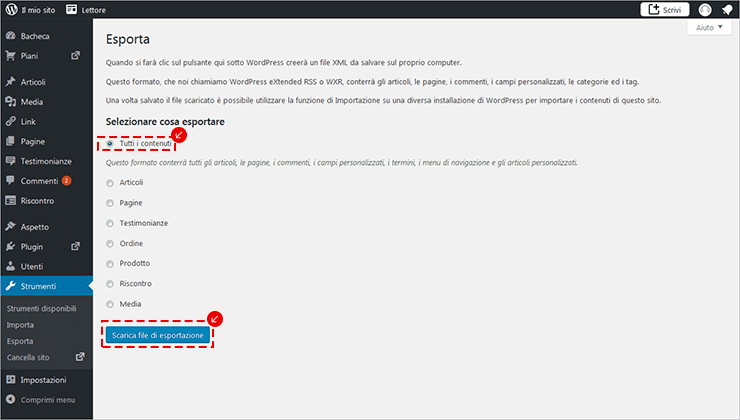 WordPress: Strumenti > Esporta, scegli Tutti i contenuti e premi Scarica file di esportazione.