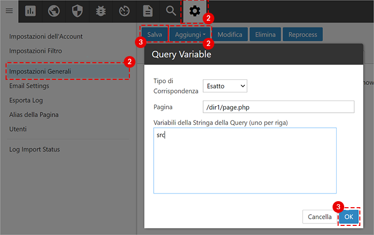 SmarterStats: Impostazioni Generali, dialog Query Variable con Esatto; pagina /dir1/page.php; variabile “src”; OK evidenziato