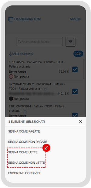 Schermata dell’app con opzione per segnare le fatture ricevute come lette o non lette