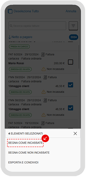 Schermata dell’app con azioni di massa per segnare le fatture come incassate o non incassate