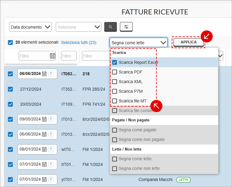 Azioni di massa nelle fatture ricevute con opzioni di download dei documenti