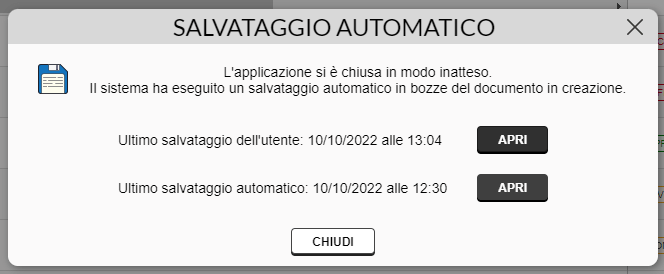 Messaggio di salvataggio automatico del documento con opzioni per aprire le bozze o chiudere