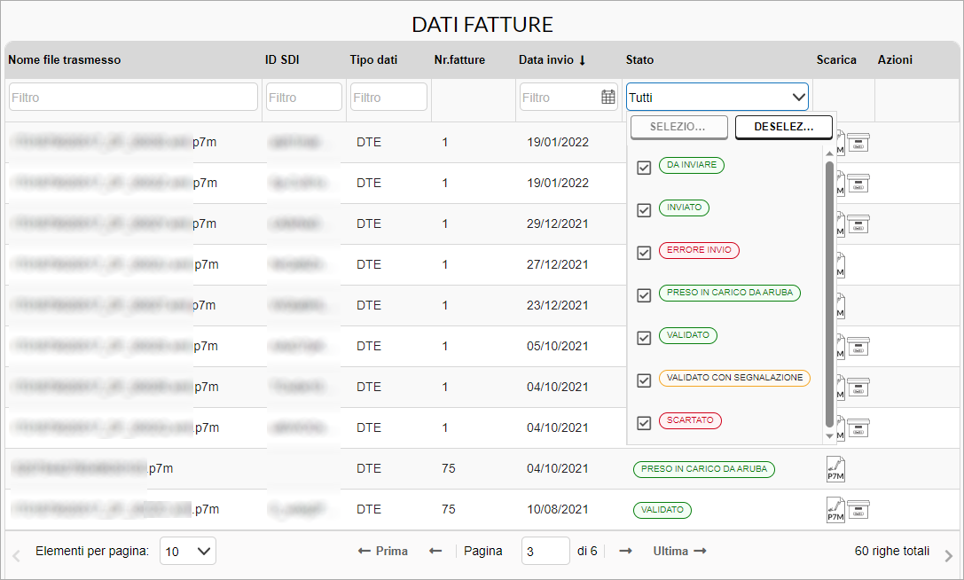 Filtro per stato nella sezione Dati Fatture