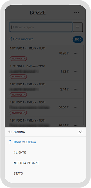Menu Ordina nella sezione Bozze dell’app