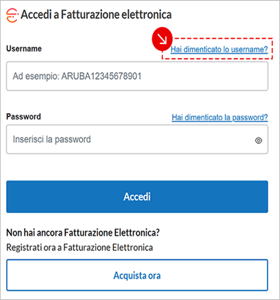 Pagina di accesso a Fatturazione Elettronica con link Hai dimenticato lo username evidenziato