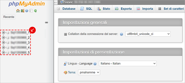 phpMyAdmin: pagina Server con Impostazioni generali/presentazione; a sinistra elenco database evidenziato.