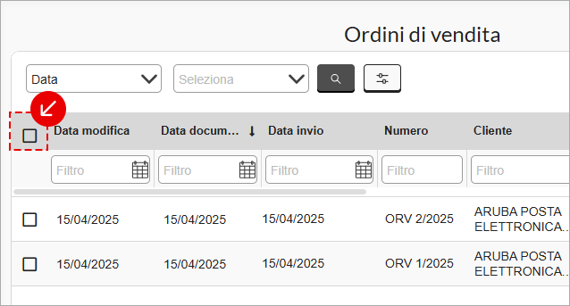 Checkbox per selezionare gli ordini di vendita nell’elenco