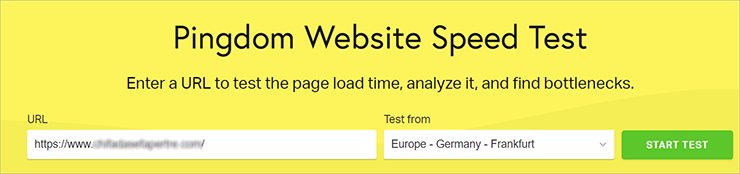 Pingdom Website Speed Test: campo URL compilato, selezione 'Europe – Germany – Frankfurt' e pulsante Start Test.