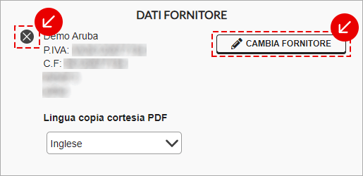 Dati fornitore selezionati con opzione Cambia fornitore evidenziata