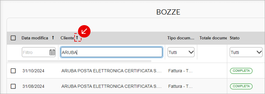 Ricerca e ordinamento delle bozze dal pannello web
