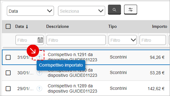 Icona che indica corrispettivo importato