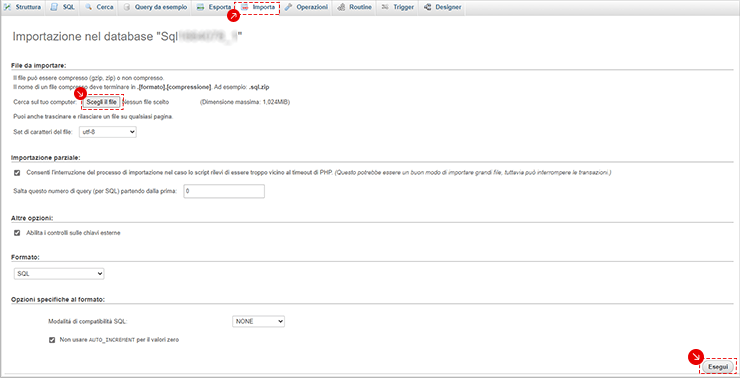 Importa backup del database in phpMyAdmin con Scegli il file e Esegui evidenziati