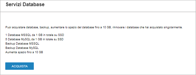 Pannello Servizi Database con opzioni MSSQL/MySQL: 1–5 DB da 1 GB, backup, spazio fino a 10 GB, pulsante Acquista.