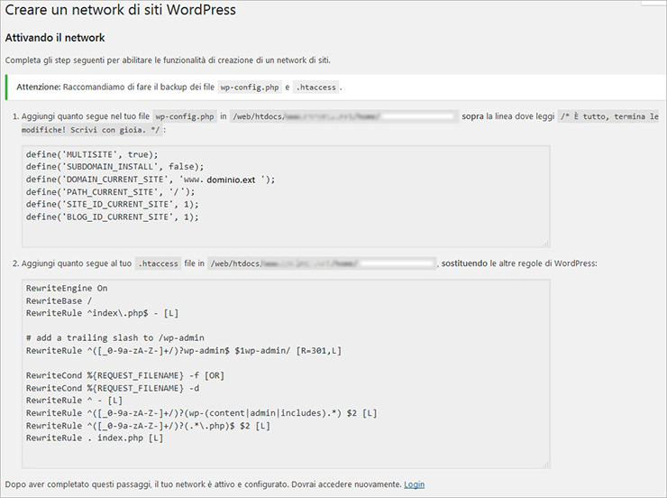 WordPress multisito: copia il codice in wp-config.php e .htaccess per attivare il network.