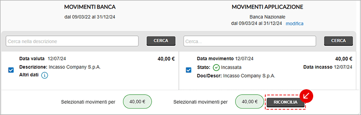 Movimenti banca e applicazione selezionati con pulsante Riconcilia
