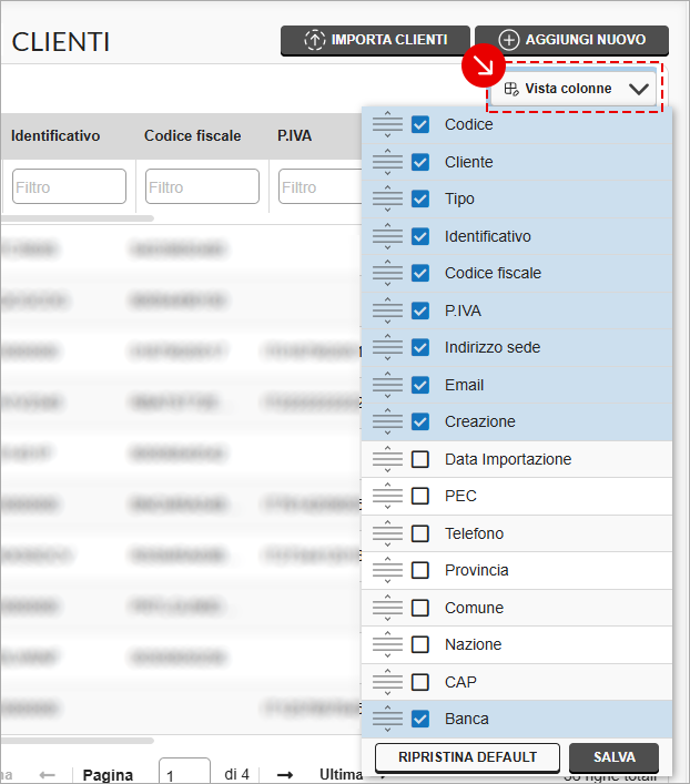 Menu Vista colonne con selezione campi visibili